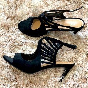 New York n Company Faux-Suede Cage Sandal Black
